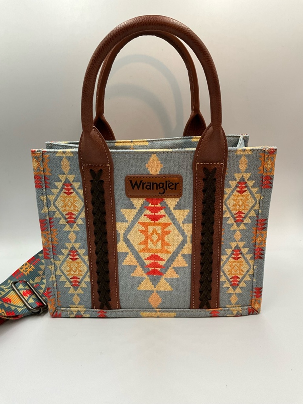 Wrangler Tote Southwestern/Aztec Multicolor Canvas Tote with Brown Trim